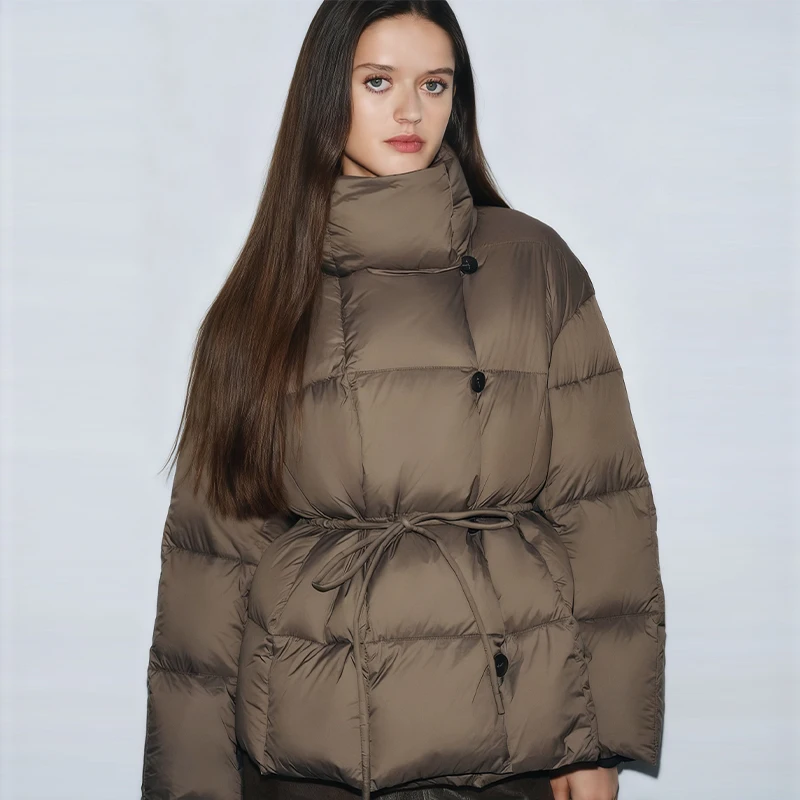 Solid Women's Coat Stand Collar Single Breasted Belt Lace Up Loose Female Cotton Padded Coats 2025 Autumn Fashion Lady Outwear