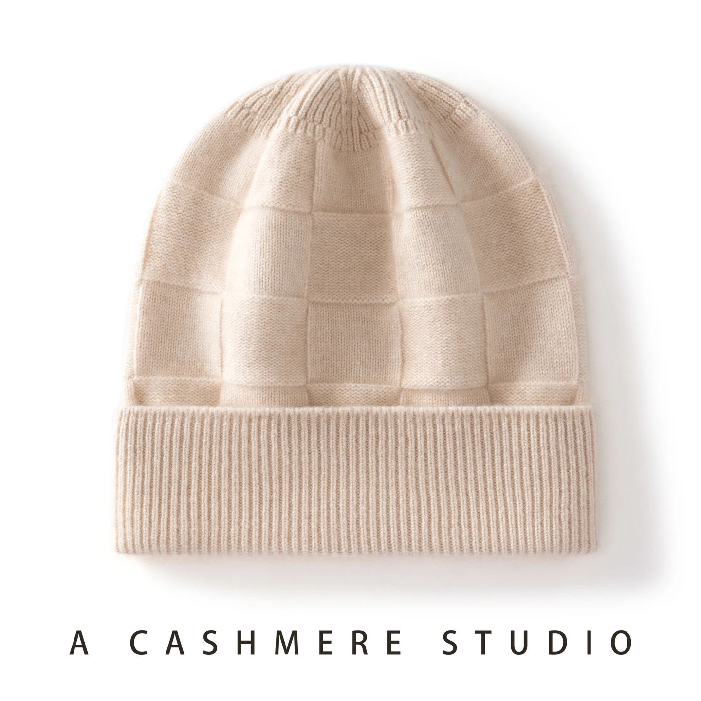 100% Pure Goat Cashmere Knitted Hat Unisex Autumn Winter Warm Ear Protection Casual Plaid Overhead Trendy Style Hat