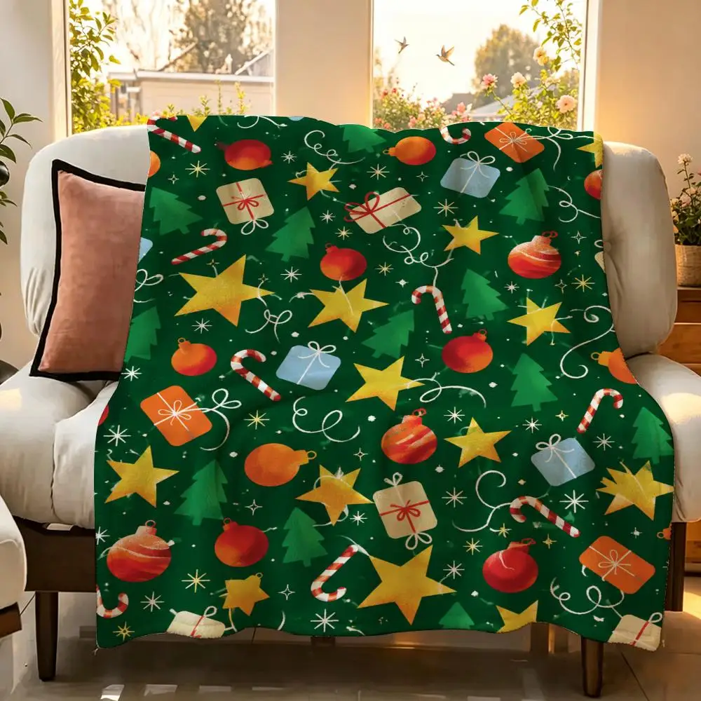 Retro Folk Santa Christmas Tree Halloween Collection Throw Flannel Throw Blanket Suitable warm for Sofa、Living Room、Bedroom soft