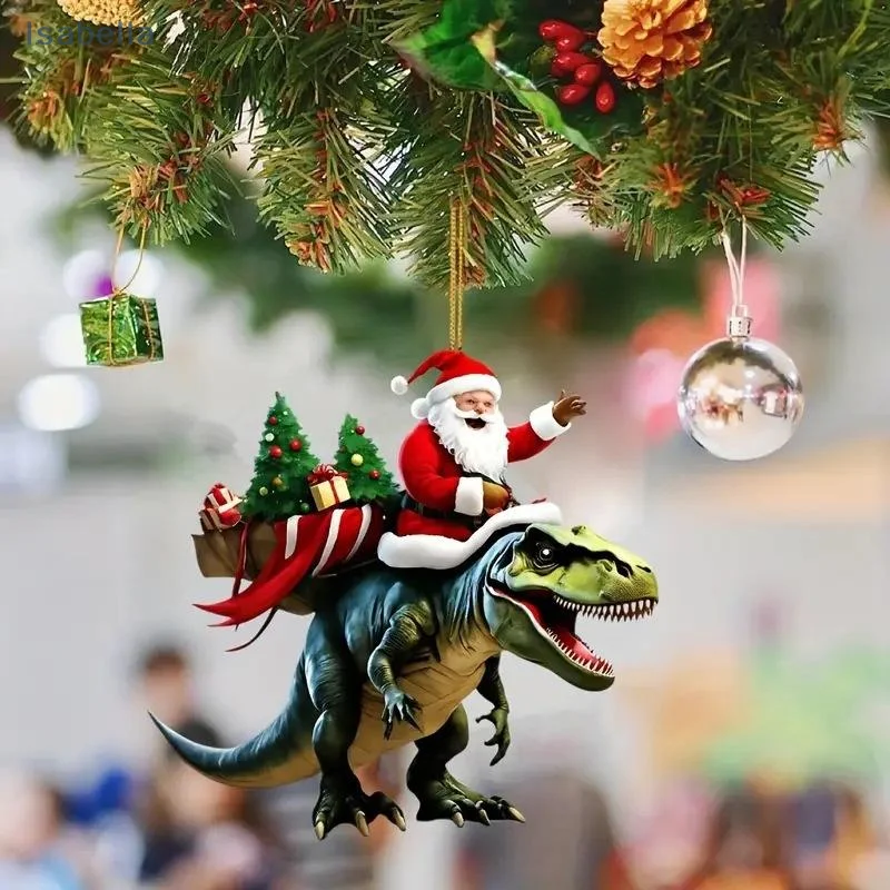 ♥Funny Santa Riding T-Rex 2D Flat Acrylic Christmas Ornament  Novelty Holiday Tree Decoration for Festive Home Decor
