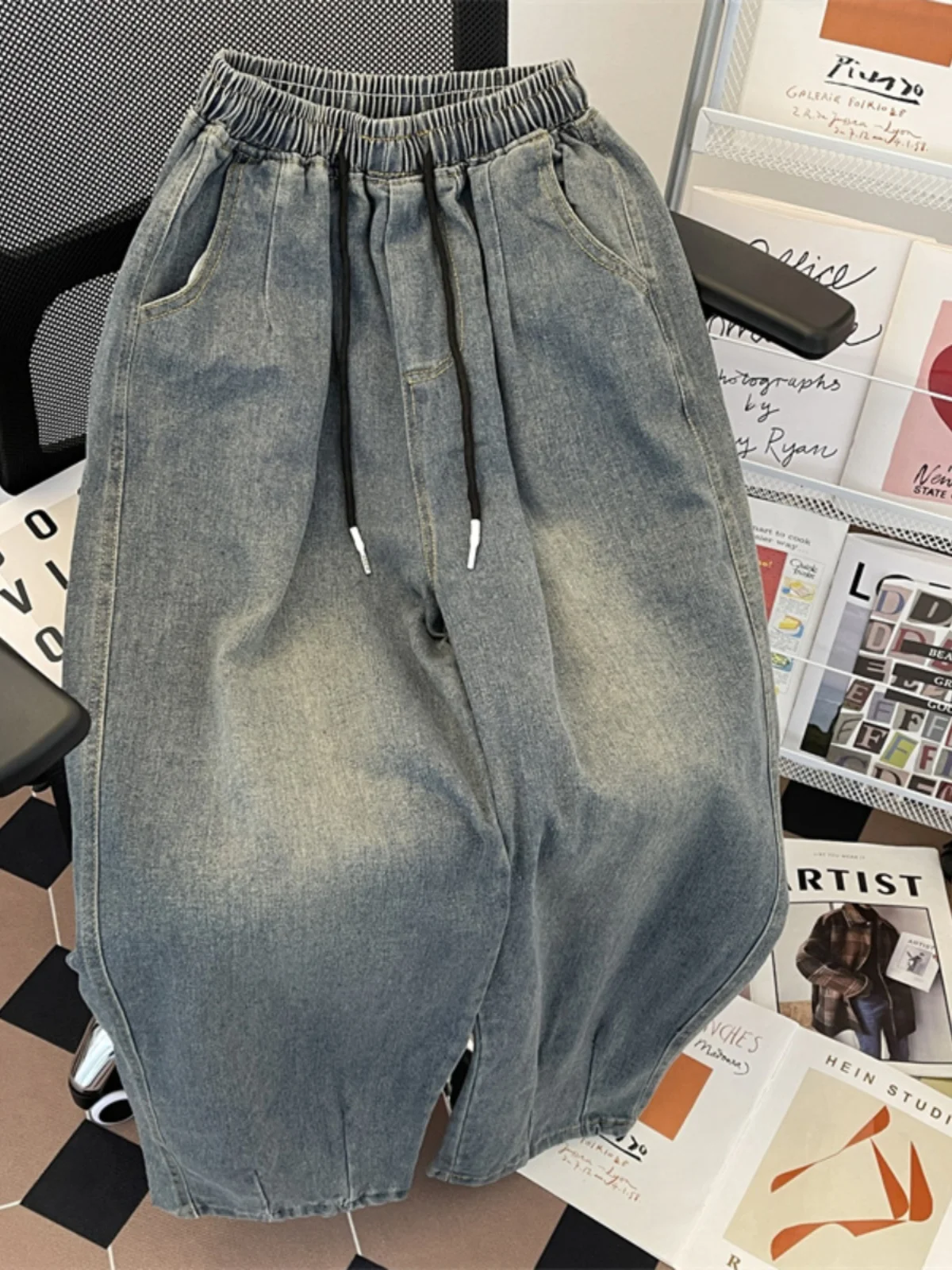 

Spring/Autumn Elastic Waist Jeans for Men Drawstring Loose Trousers American Casual Fashion Retro Male Wide Leg Denim Pants