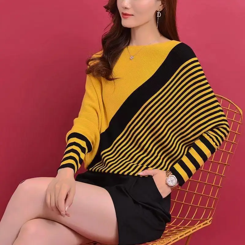 

Casual Striped Slash Neck Knitted Sweaters Loose Spring Autumn Batwing Sleeve Female Clothing Spliced Chic Asymmetrical Jumpers