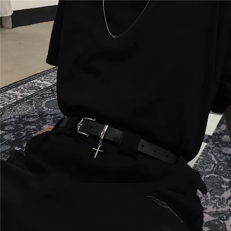 Y2k Punk Vintage PU Leather Casual Black Belt Unisex Metal Cross Pendant Pin Buckle Waist Belts Jeans Pants Decorative Waistband