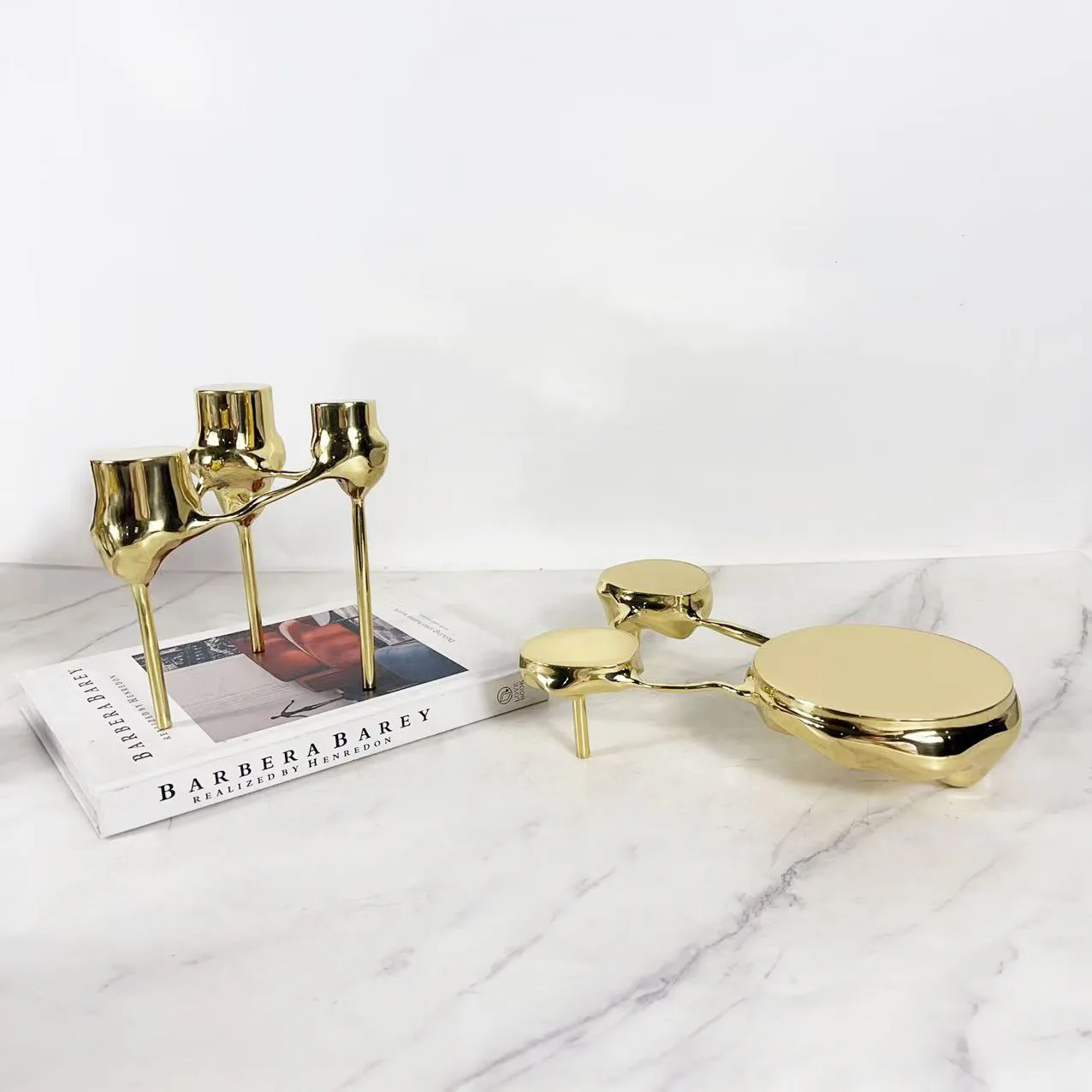 زخرفة شمعدان نحاسية حديثة وبسيطة بثلاثة أرجل، زخرفة مدخل طاولة القهوة في غرفة المعيشة #5