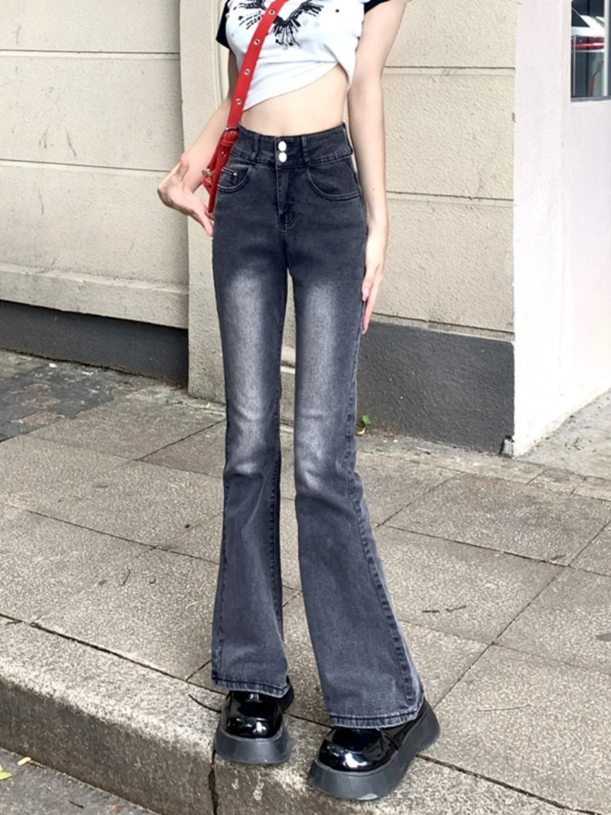 150 Petite girl high street retro bootcut jeans high waist straight slim fit xs tall nine points spring and summer style