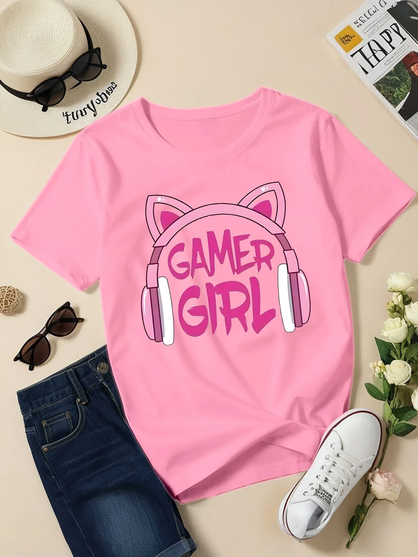 تي شيرت Gamer Girl Creative مطبوع برقبة دائرية وأكمام قصيرة للفتيات ملابس علوية صيفية كاجوال مطبوعة أنيقة للأطفال