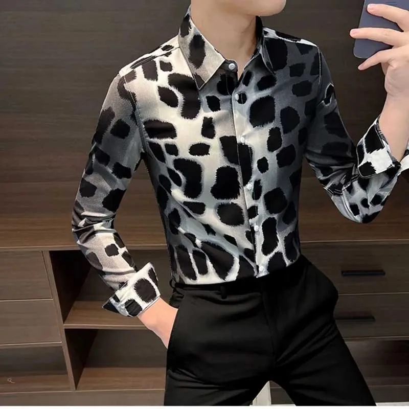 Fashion Lapel Button Printed Gradient Leopard Shirts Men\'s Clothing 2024 Spring Summer New Loose All-match Tops Casual Shirts