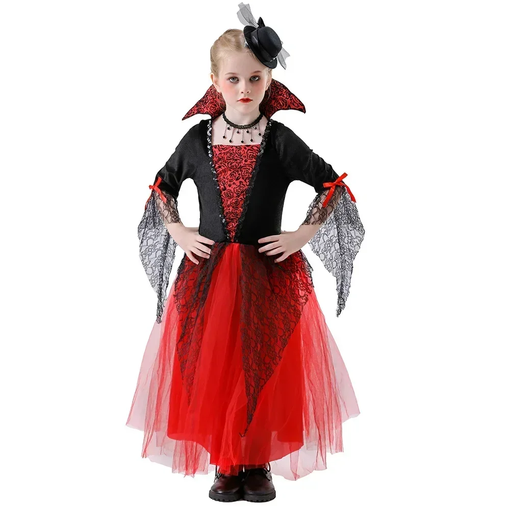 Halloween Mädchen Gothic Cosplay Kleid Kinder Dunkles Partykostüm mit Schleier, Handschuhen, Halskette und Strümpfen für Karneval Faschingskostüm – Detail 3