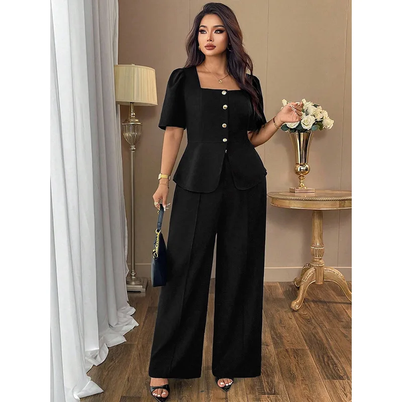 Plus-size Women's Solid Color Square-neck Fixed Top And Straight-leg Long Pants. Set Featuring Puff Keys And Flowing Clothing