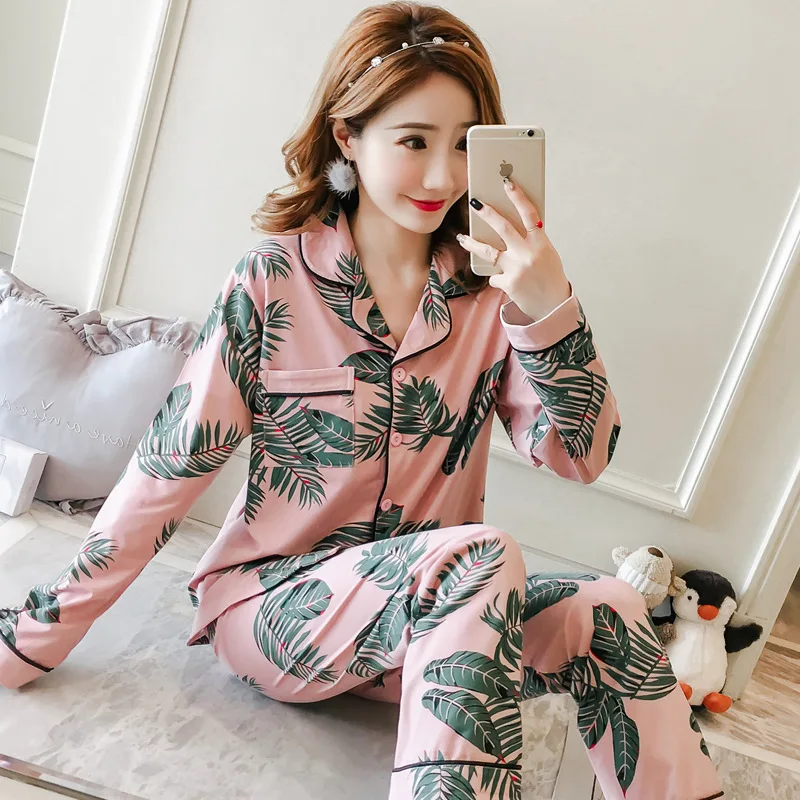 Women Pajamas Set Cotton Pyjama Cow Spot Pijama Female Homewear Soft Sleepwear Long Sleeve Lapel Shirt Pants Suit Nightwear