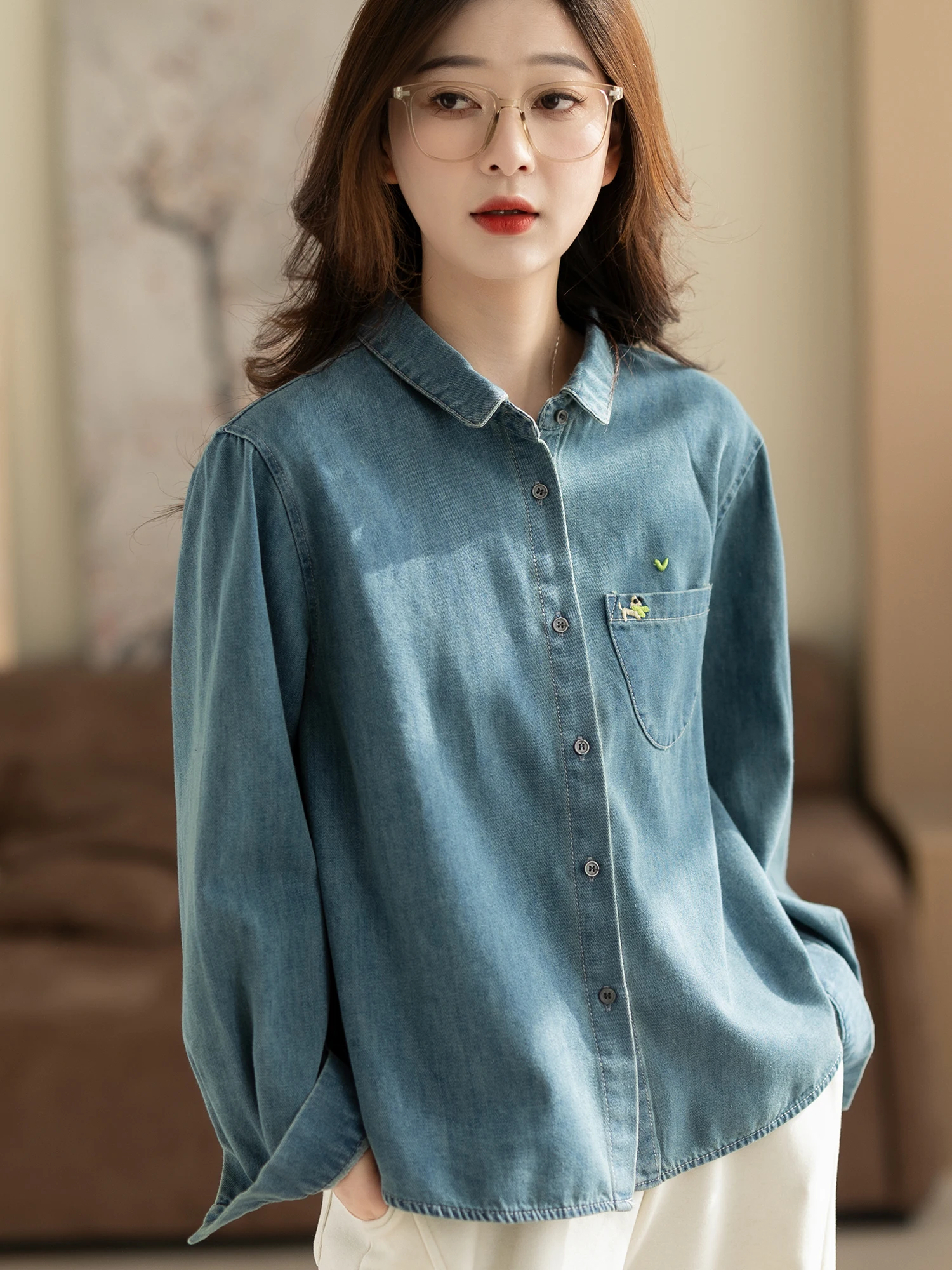 

Carmeyu Women's Casual irt Vintage Sle Loose Fit Slimming Fce Long Sve Cotton Blend Collar Home Wear