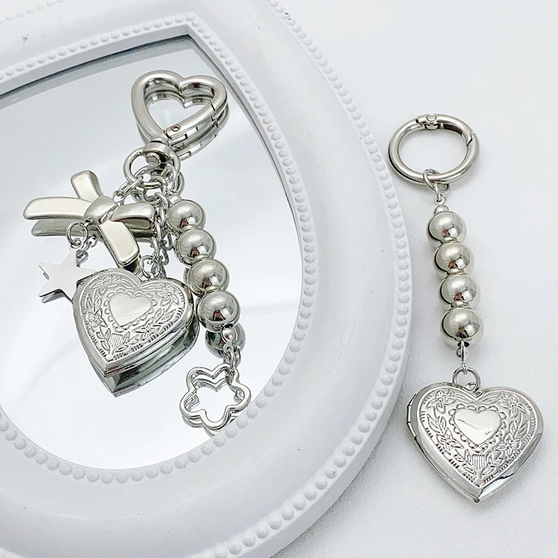 New Exquisite Heart Bow Beaded Keychain Fashionable Heart Photo Frame Keychain Creative Backpack Decoration Accessories Gifts