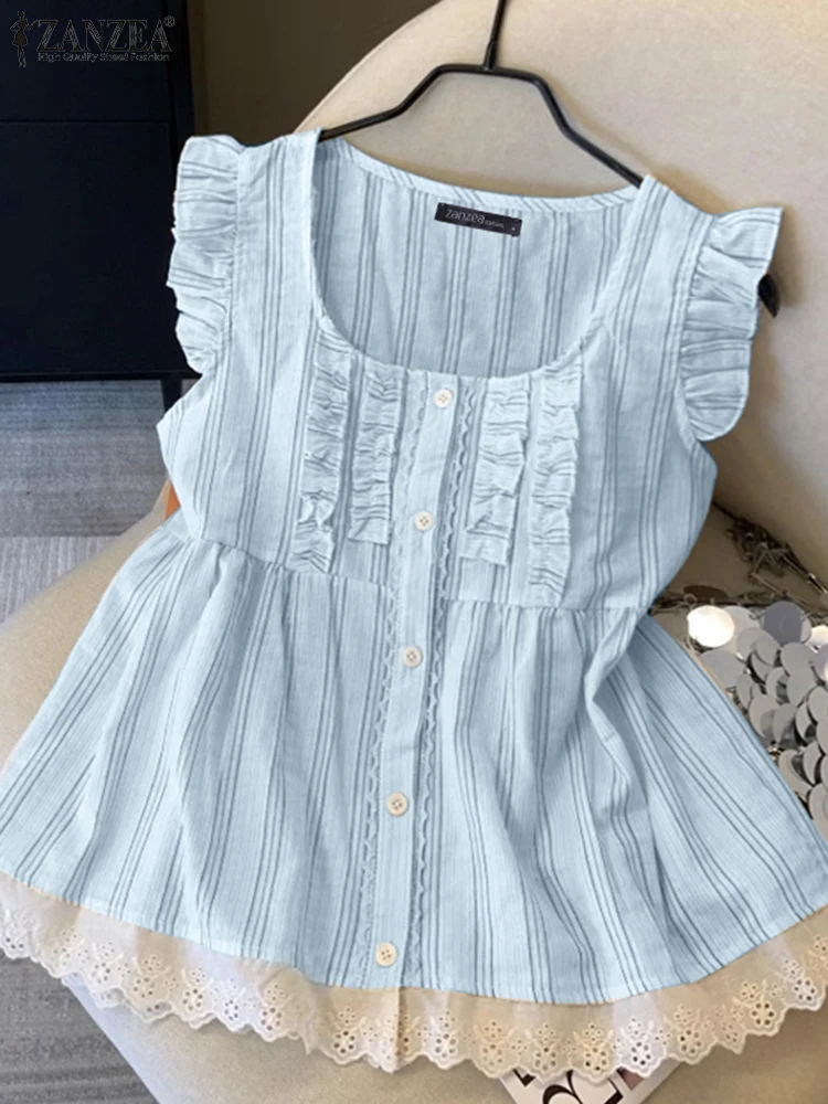 

Женские кружевные майки ZANZEA, летние футболки, модные полосатые майки, 2025 г., элегантные повседневные рубашки без рукавов с пуговицами, свободные корейские рубашки с круглым вырезом