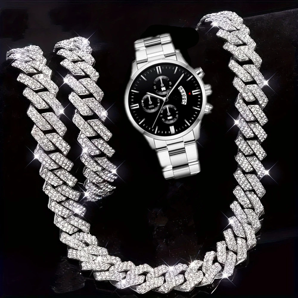 

Necklace +watch+bracelet Miami Chain Sets Hip Hop Iced Out Jewelry Sets For Women Men New Year Gift