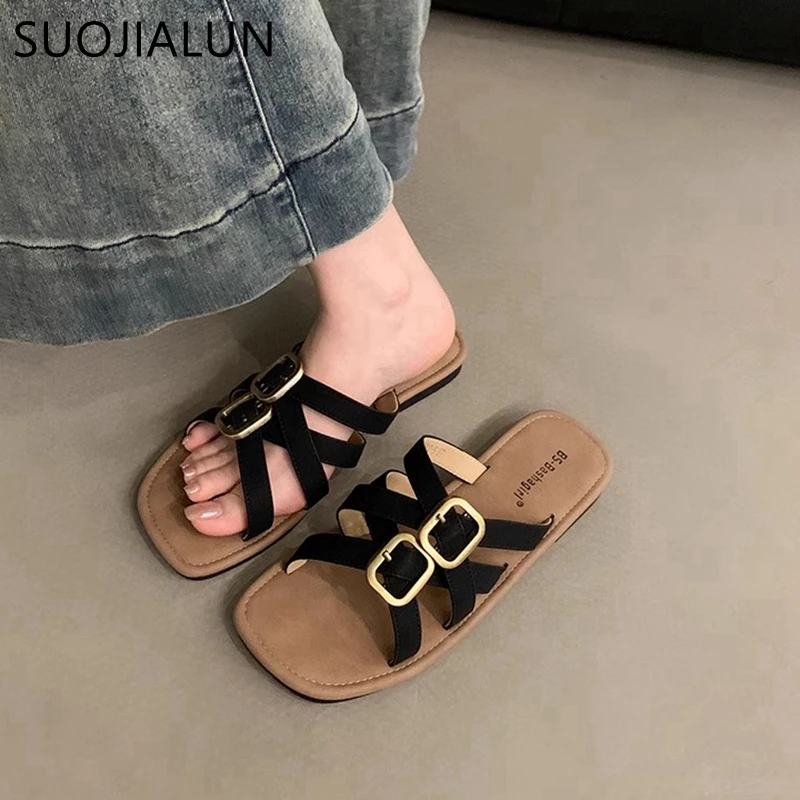 SUOJIALUN-zapatillas de tacón plano para mujer, zapatos informales con hebilla de banda estrecha, suaves y a la moda, para exteriores, 2024