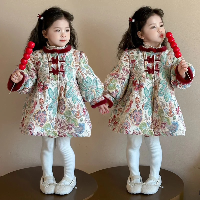 Girls Hanfu Cotton Skirt Kids Thickened Warm Christmas Dress New Year Children's Princess Skirt 2025 Winter New