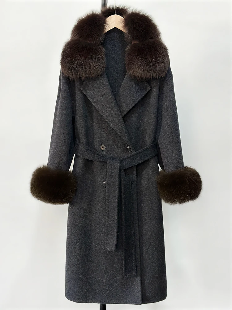 جديد الخريف الشتاء سيدة الموضة الدافئة الصلبة طويلة الصوف الحقيقي الفراء سترة الإناث الطبيعية الثعلب الفراء الكفة معطف الصوف الملابس السوداء