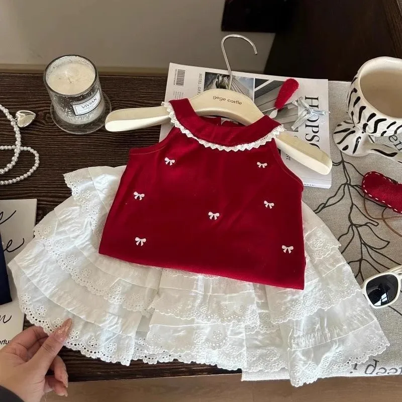 

TOY-Girls' Red Strap Dress Set2025Summer New Fashionable Children's Vest with Lace Trim and Skirt Two-Piece Set