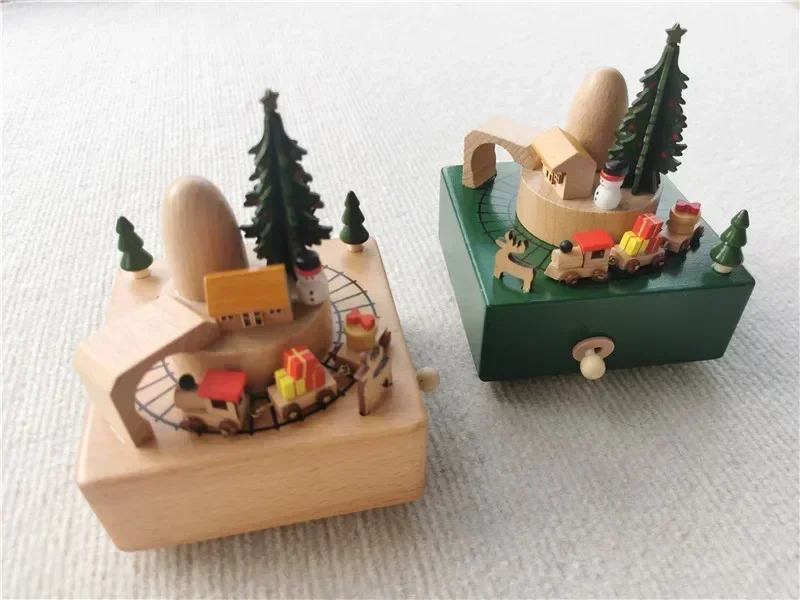 New Christmas Gift Montessori Wooden Toys  Green and Nature Windup Music box with Magnetic Trains  Merry -go-round