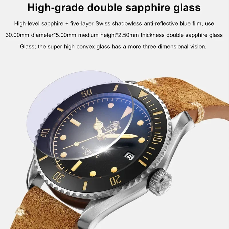 Adpeso Dive jam tangan Mekanikal otomatis NH35, jam tangan Vintage Kulit 200M, jam tangan safir mewah