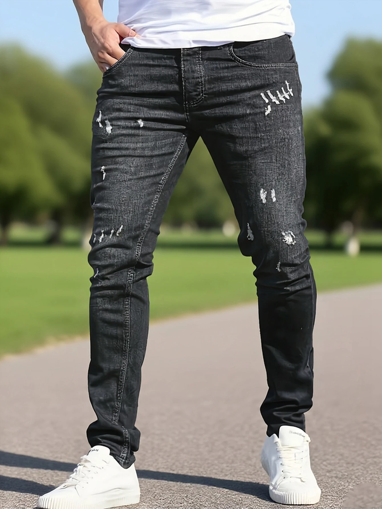 

Мужские черные узкие джинсы с потертостями, с уникальным изношенным дизайном, идеально подходит для формы тела, делает ее просто в cr.