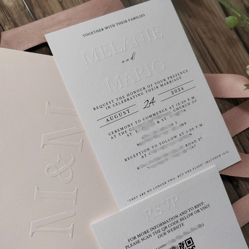 

Embossed Wedding Invitation Suite,Embossed RSVP Card,Embossed envelopes,Cotton White 300gsm Card,5x7inch Invites