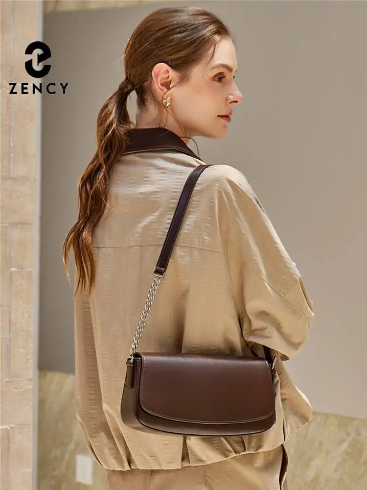 Zency Chic Leather Chain Handbags Genuine Leather Underarm Bag Designer Commuter Shoulder Bag for Women French Style Crossbody