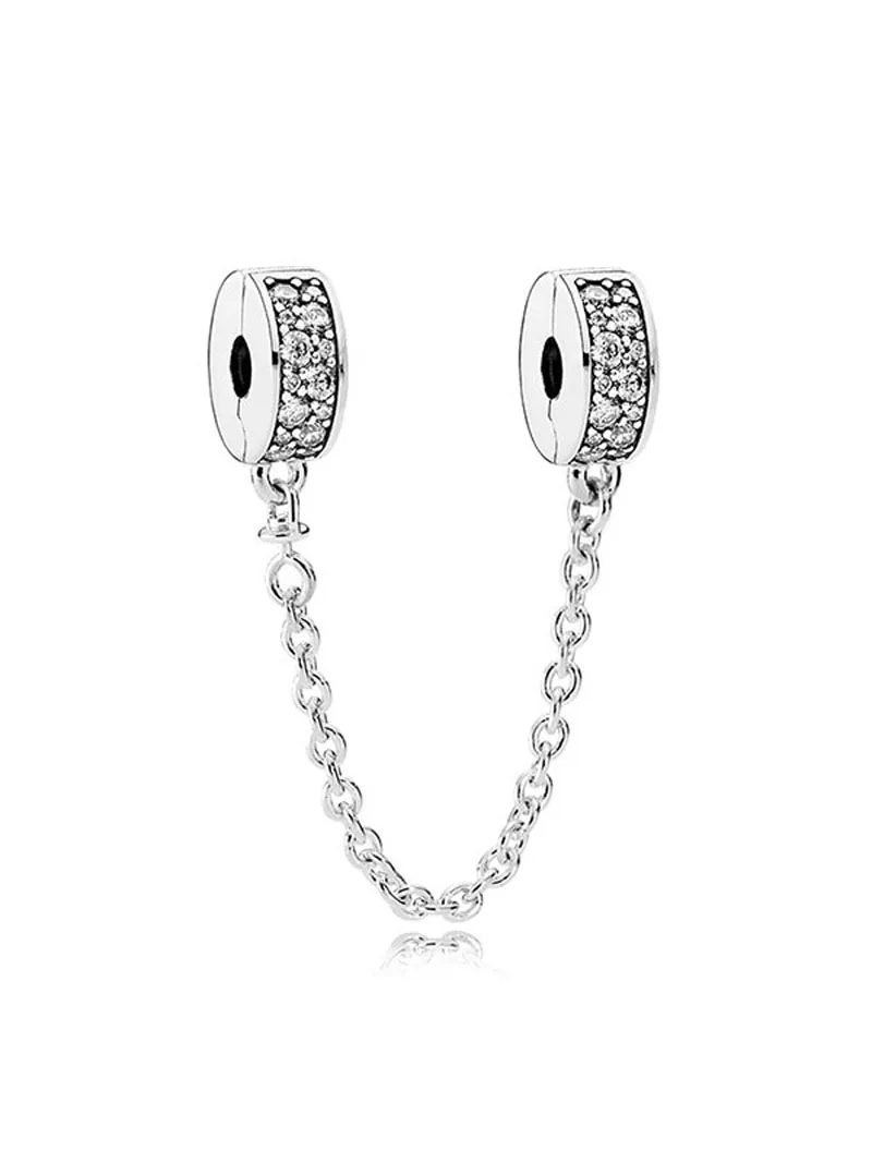 Hot Selling White Pave Round Clip Safety Chain Beads Fit Original European Bracelets Charm Jewerly Accessories For Women