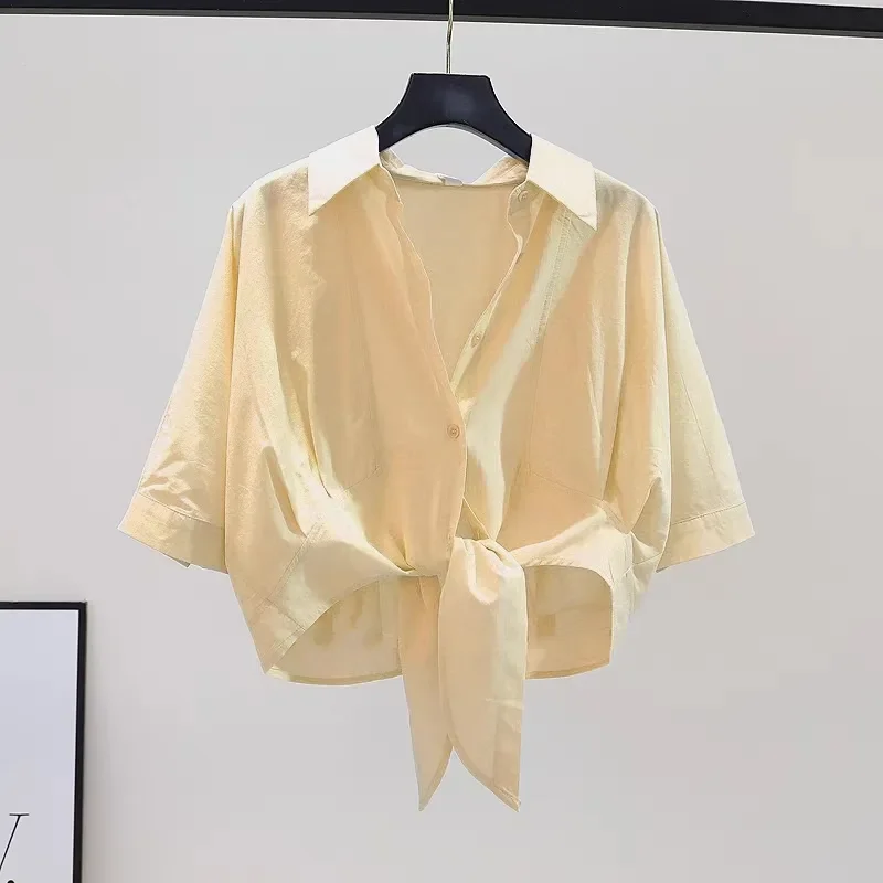 

Pure Cotton Blue Shirt Women's Summer Design Short-sleeved Shirt with Bat Shirt Short Off Shoulder Top