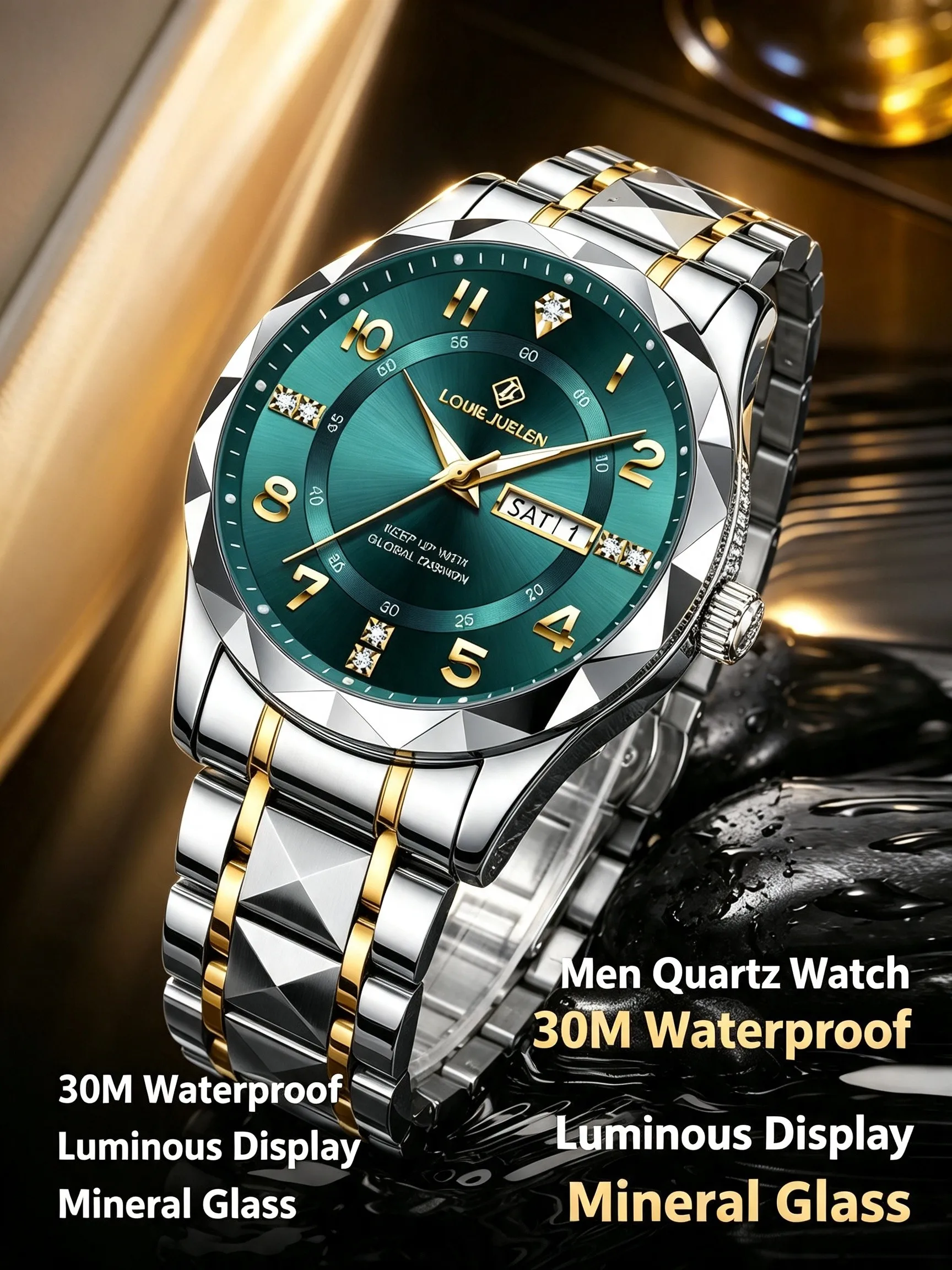 Men Quartz Wristwatch Luminous Hands Calendar 30M Waterproof Alloy Butterfly Buckle Mineral Glass Business Sports Male Watch