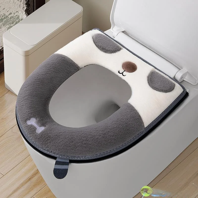 

Thiened Flannel Toilet Cover with Zipper Cartoon Design Home Use Toilet Lid Cover Waable for All Seasons