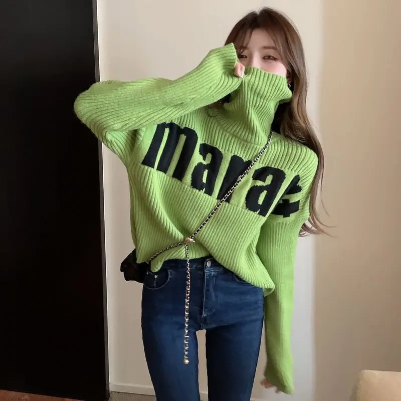 

Nice Turtleneck Sweater Women Autumn Winter Casual Korean Top Tee Loose Thick Knitting Pullovers Women Clothes Letter Trend Coat