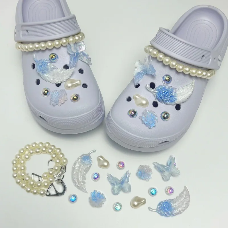 Luminous Feather Butterfly Pearl Chain Shoe Charms For Clogs Hole Bubble Slides Sandals Removable Shoe Decor Accessorie Gifts