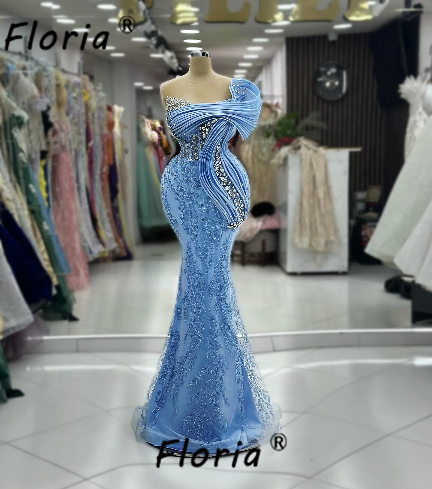 Luxury Blue Evening Dress Beaded Crystal Appliques 3D Mermaid Bride Party Gowns Prom Customized African Woman Vestidos de Gala