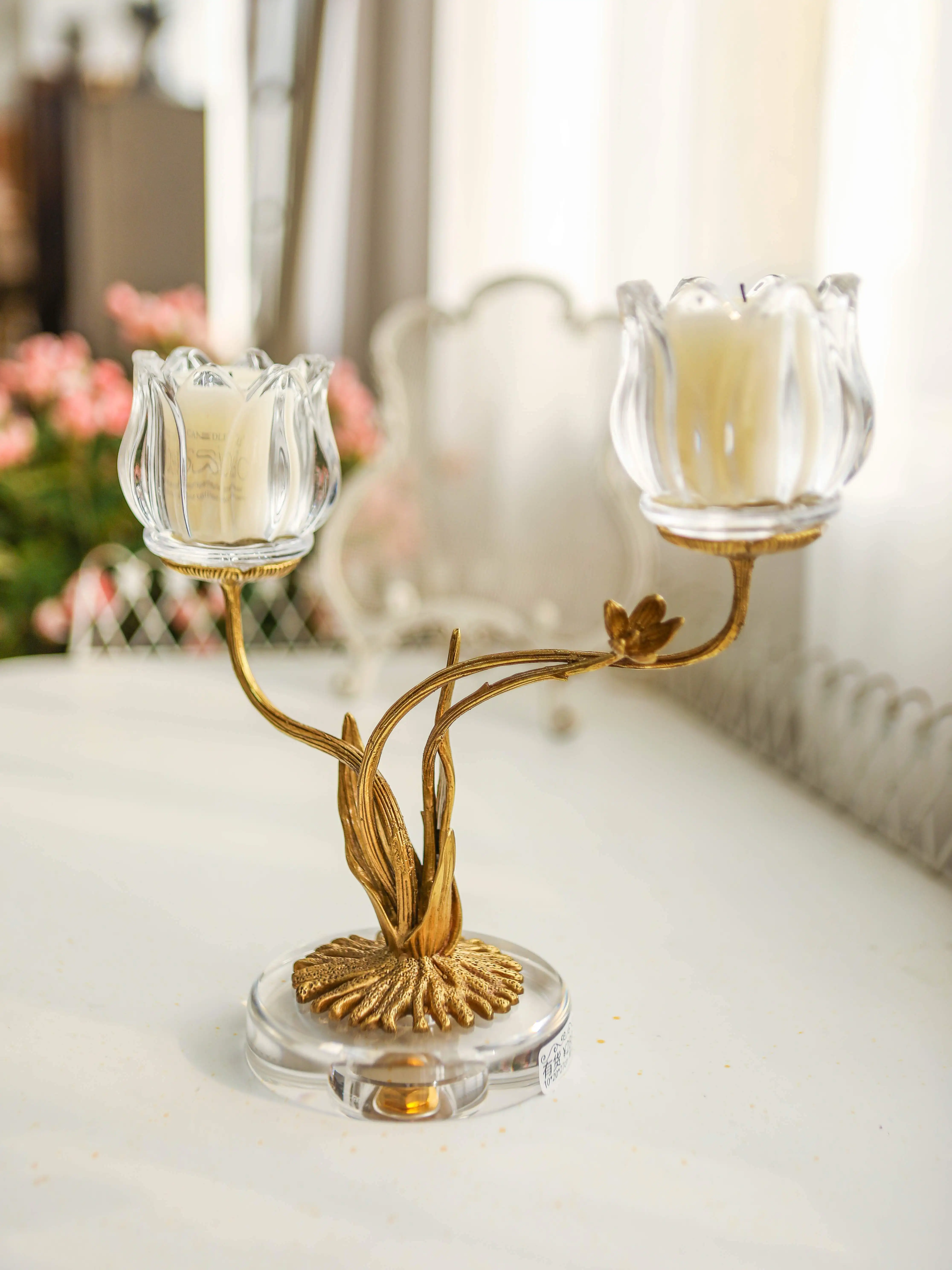 European Style Luxury Candle Holder Crystal Glass Copper Marble Retro Home Romantic Dining Table Decoration