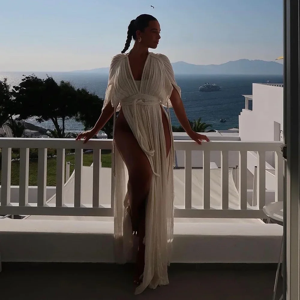 2024年セクシーVネックサマードレスビーチカバーアップボヘミアンエレガントパーティーローブ女性ビキニカバーアップバックレスクラブパーティードレス