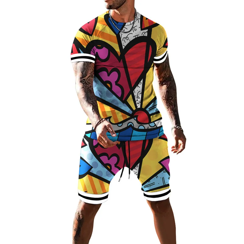 Summer Street Cool 3D Love Men's Suit American Trend Casual Loose and Comfortable Short Sleeve Outdoor Shorts Striped Printing