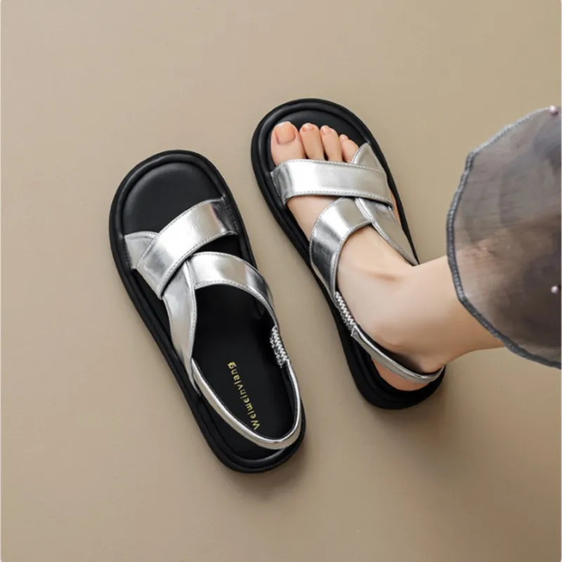 Summer outerwear: One-strap fairy-style soft-soled French-style paired skirt silver casual Roman sandals