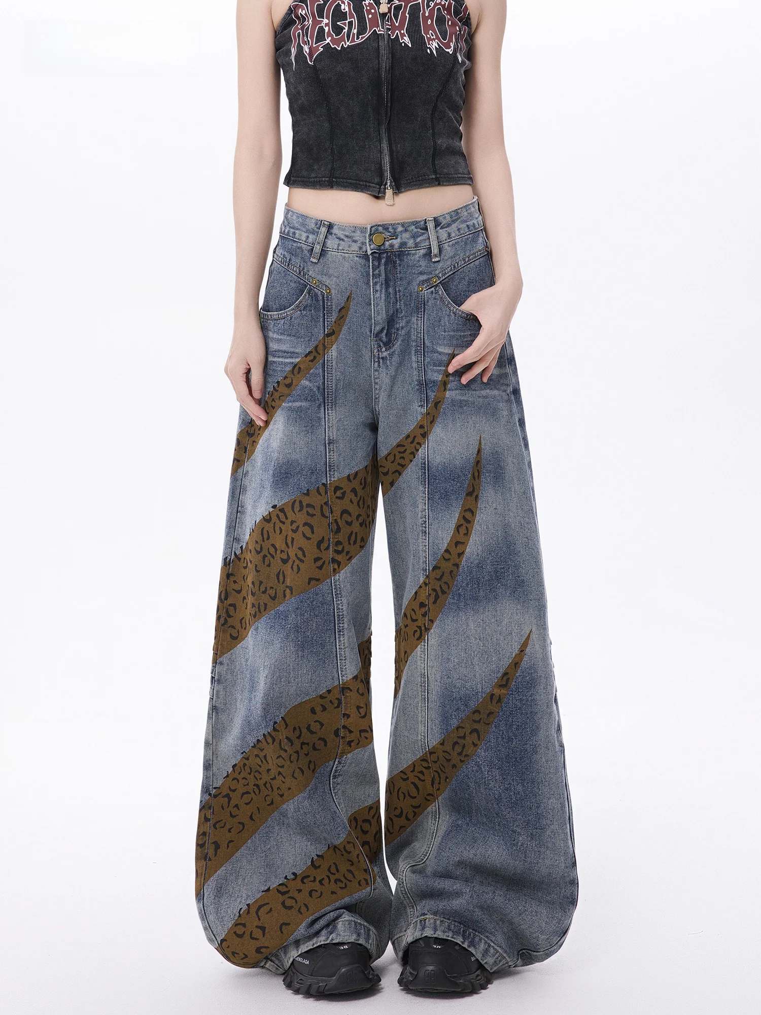 

Women's Wide Leg Denim Jeans Spring Summer New Design Casual Washed Drapey Knife Leopard Print Splicing Casual Jeans