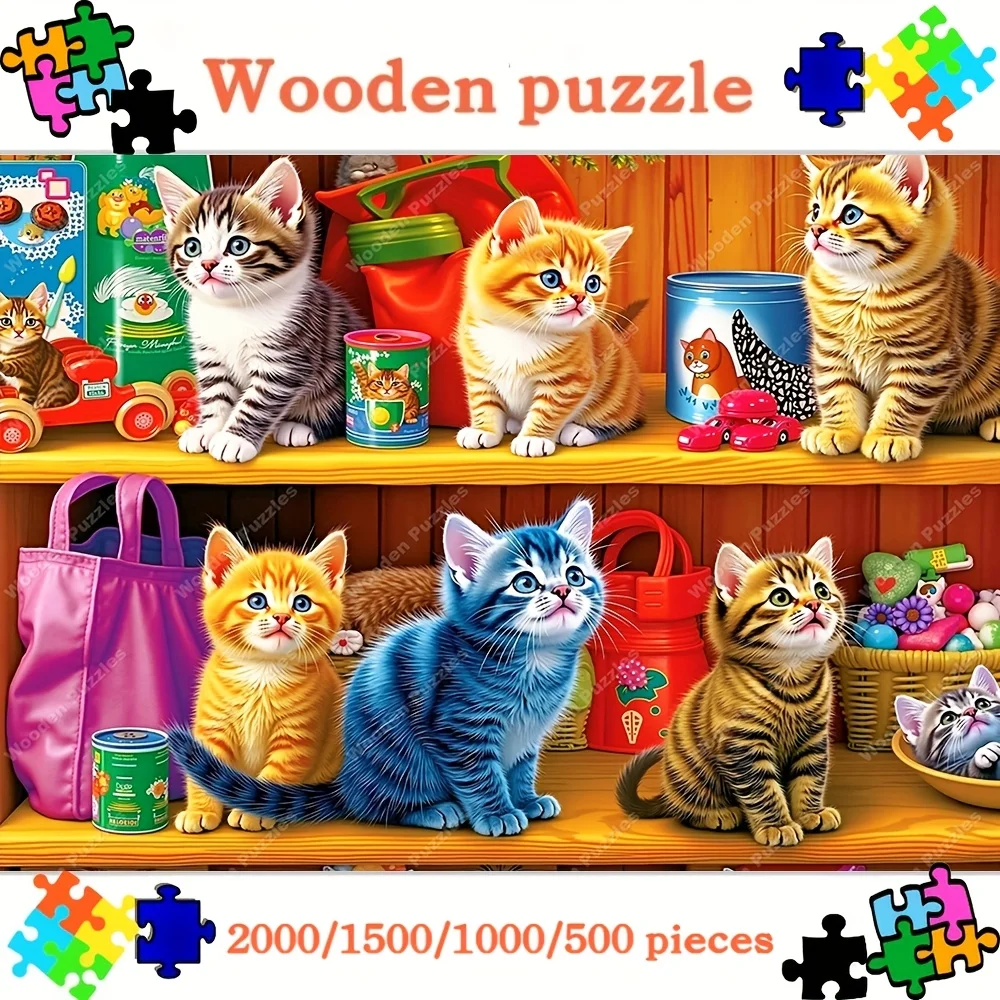 500/1000/1500/2000pcs Large Puzzle for Adults - Cute Kittens & Tabby Cats with 10 Colorful Scenes, Challenging Cat-Shaped Puzz