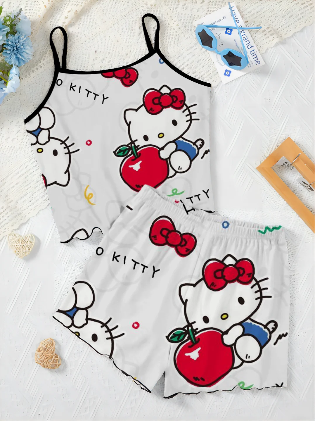 Disney-Hello Kitty Lettuce Trim Short Top Set pour femme, tenue d'été, jupe pyjama, robe d'intérieur trempée, ensembles de panta