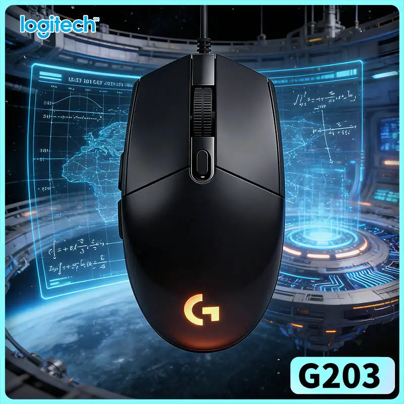 Mouse gamer com fio Logitech G203, periférico de jogos portátil e prático, DPI multi-nível, RGB, almofadas antiderrapantes, USB para notebook e PC.