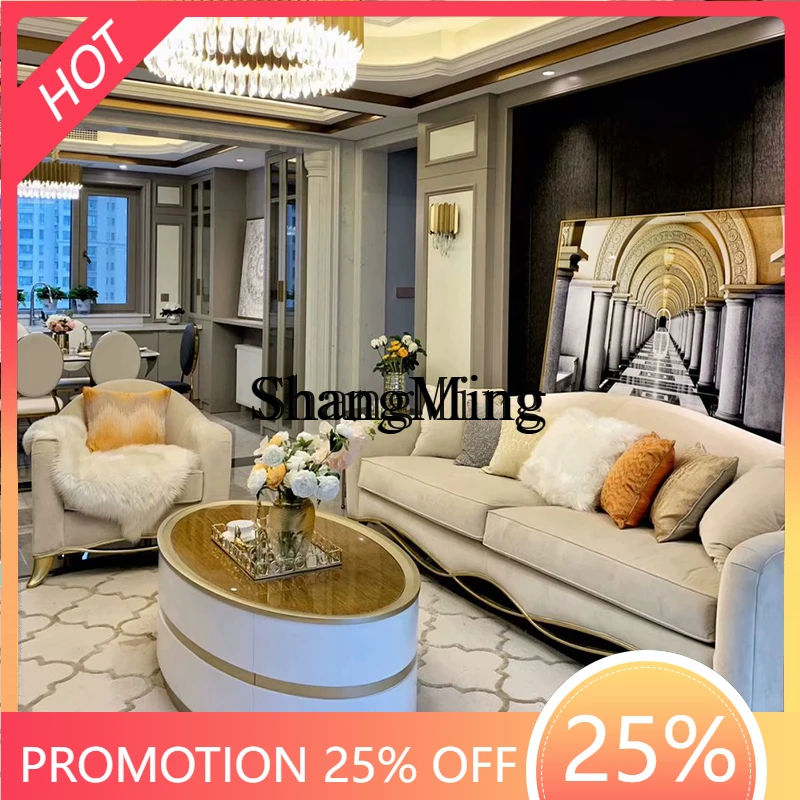 FG  light luxury solid wood fabric three-person sofa champagne gold solid wood carving flower living room