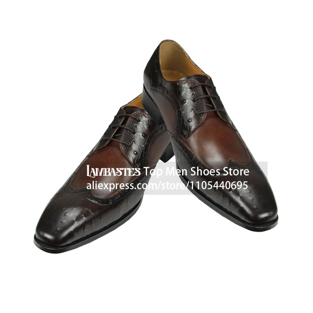 Ostrich Embossed Brogue Derby Dress Shoes Two Tone Burnished Wingtip Business Formal Shoes Ostrich Pattern Paneled Lace Up Shoes
