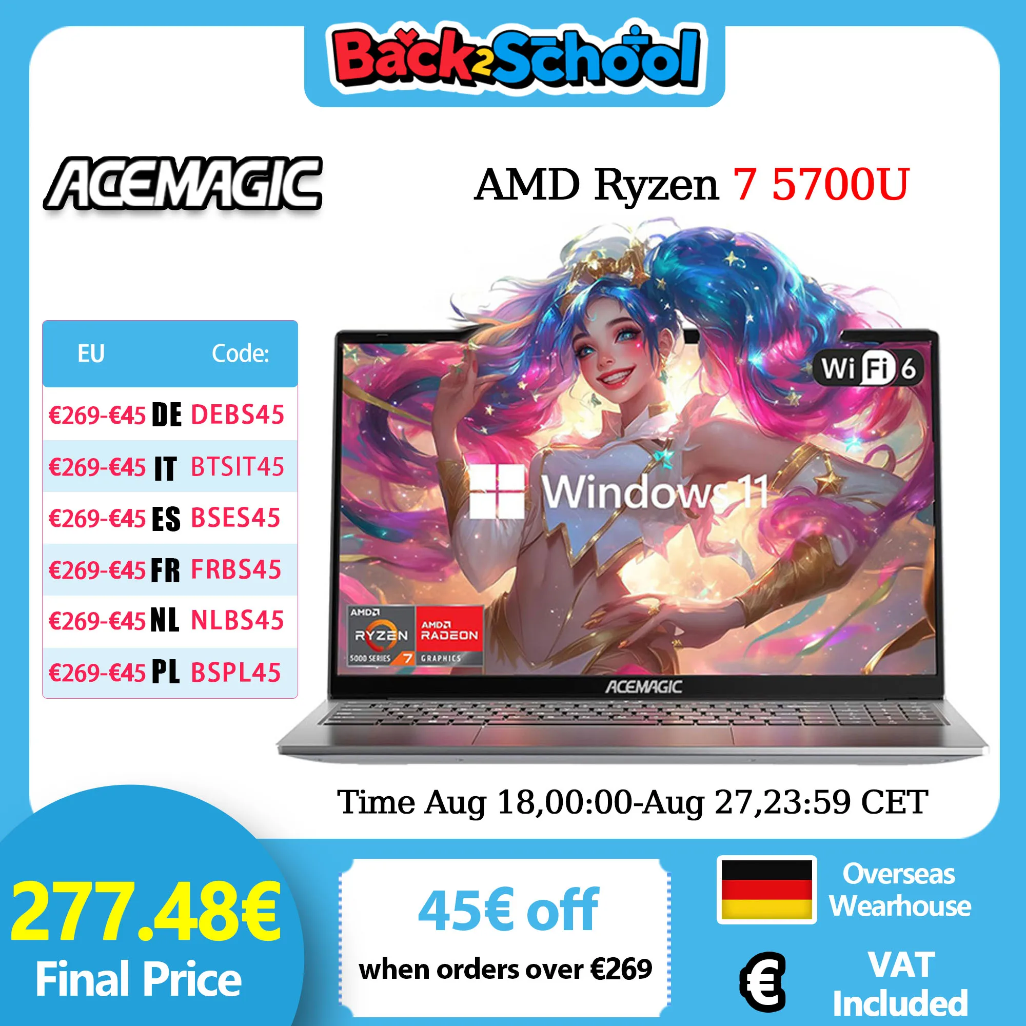 Portátil para juegos ACEMAGIC con AMD Ryzen 7 5700U, gráficos Radeon RX Vega 8, pantalla FHD de 15,6