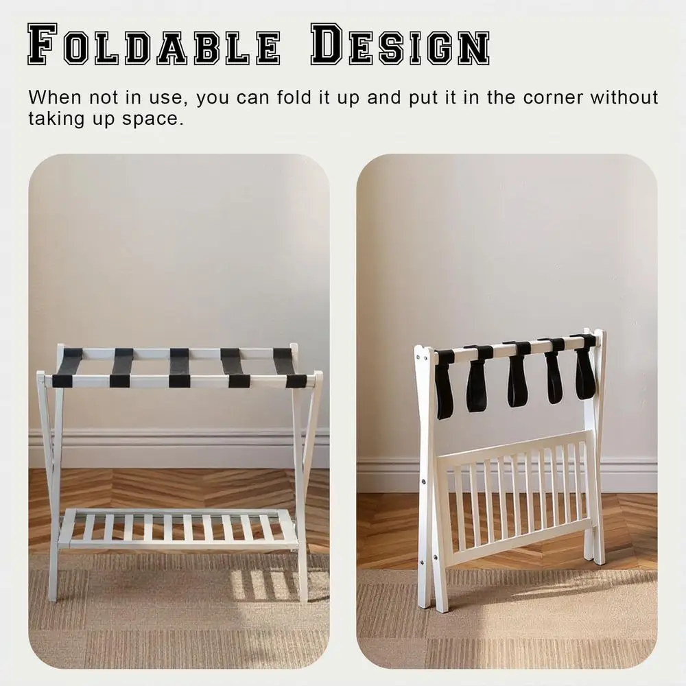 Porta valigia pieghevole in bambù con ripiano per scarpe e 5 cinghie per stanze degli ospiti, soggiorni e hotel - Bianco