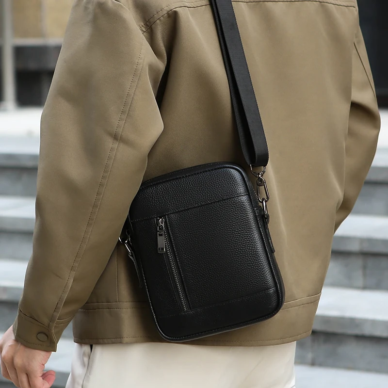 New Genuine Leather Solid Color Men Shoulder Bags Classic Black Available in Large Small Sizes for Business Travel Crossbody Bag