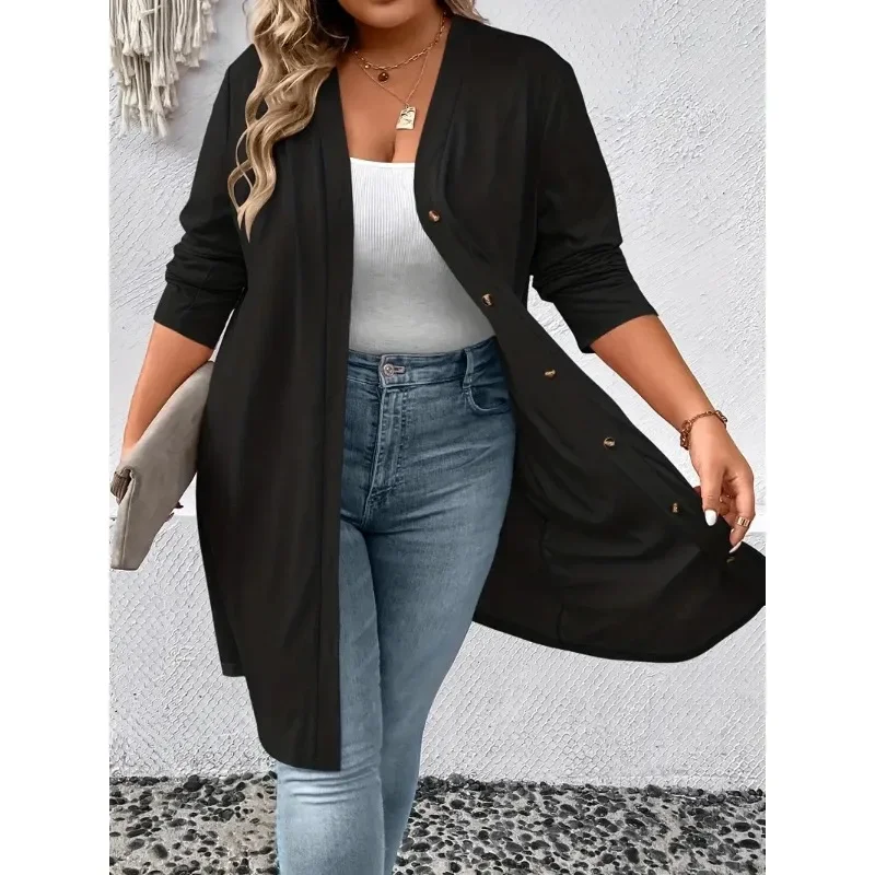 Spring 2024 Autumn Cardigan Top New Women Solid Color Long Sleeve Baggy Coat Women Fashion Single-Breasted V-neck Large Coat Top