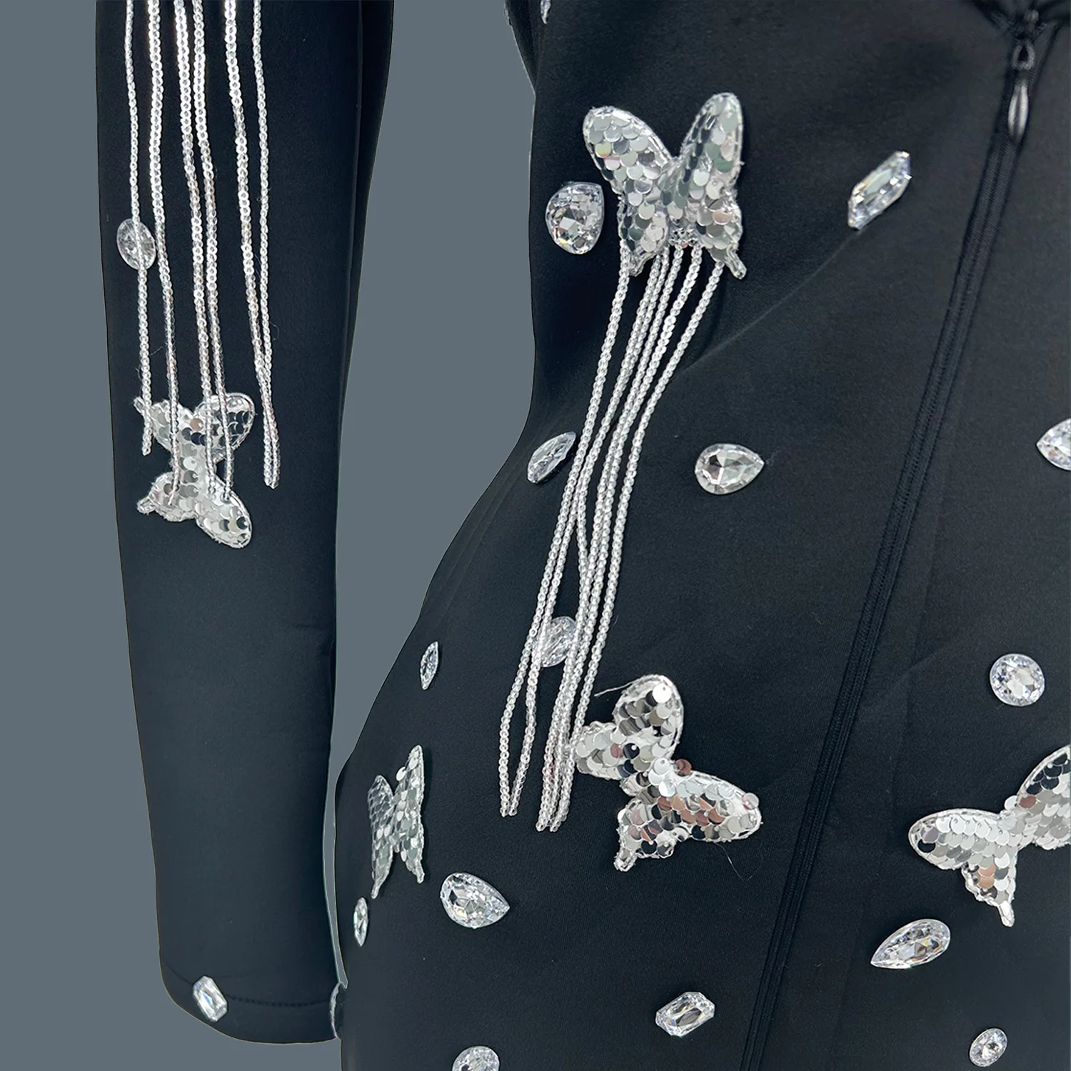 Sparkly Crystals butterfly Sequins Deep V-neck Women Suit Dress Nightclub Costumes Birthday Party Dress Mini Suit Dress Xizhuang