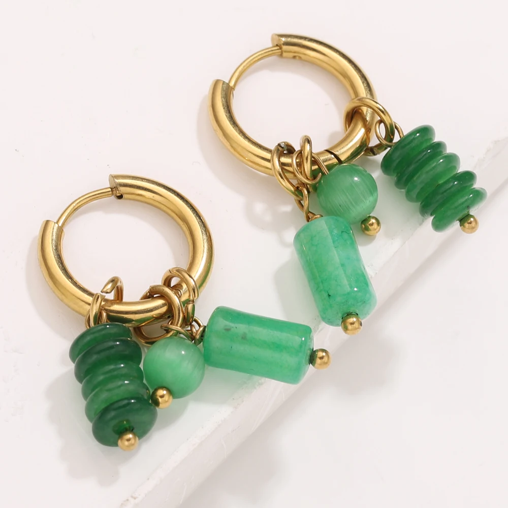 1 زوج الذهب اللون مطلي الفولاذ المقاوم للصدأ هوب أقراط للنساء خمر الحجر الأخضر سحر العصرية للماء مجوهرات هدية #3